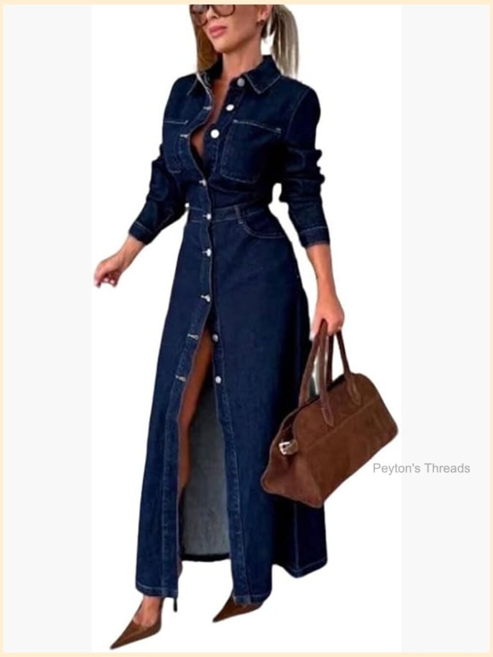 Women's Denim Maxi Dress High Waist Long Sleeve Button Down Shirt Dress with
